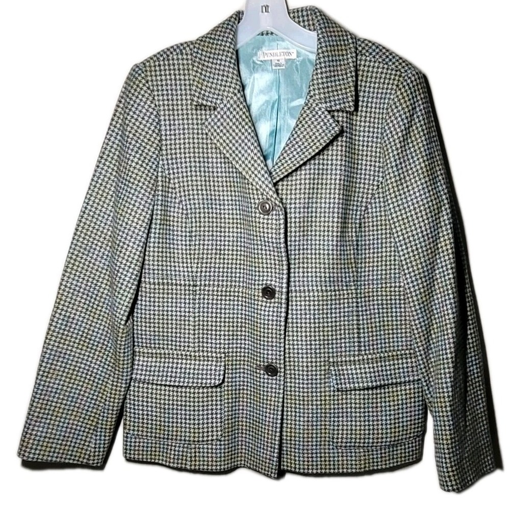 Vintage‎ Pendleton Womens Virgin & Lamb Wool Houndstooth Blazer Teal Size 16